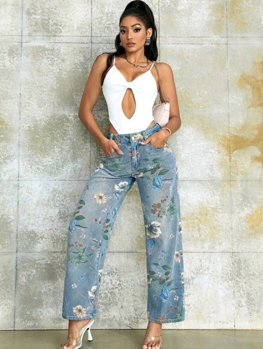 90s Retro Print High Waist Side Pocket Wide Leg Jeans, Casual Street Style